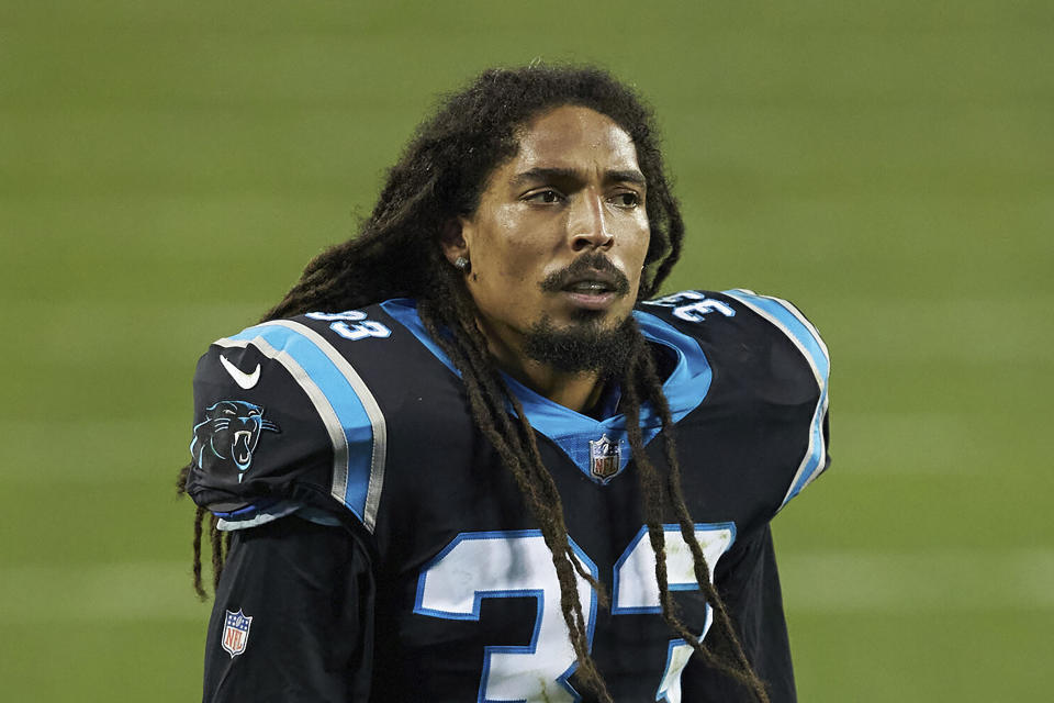 FILE - Carolina Panthers safety Tre Boston (33) is shown during an NFL football game against the New Orleans Saints in Charlotte, N.C., in this Sunday, Jan. 3, 2021, file photo. The Carolina Panthers are releasing veteran safety Tre Boston, defensive end Stephen Weatherly and punter Michael Palardy in a salary cap cost-cutting move, a person familiar with the situation told The Associated Press. The person spoke on condition of anonymity Friday, Feb. 19, 2021, because the moves have not yet been announced. (AP Photo/Brian Westerholt, File)