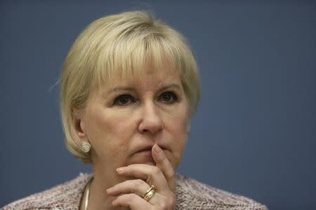 Sweden's Minister of Foreign Affairs Margot Wallstrom listens during a news conference in Riga January 23, 2015. REUTERS/Ints Kalnins/Files