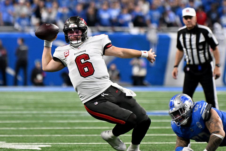 Jan 21, 2024; Detroit, Michigan, USA; Tampa Bay Buccaneers quarterback Baker Mayfield (6) passes the ball against the Detroit Lions during the second half in a 2024 NFC divisional round game at Ford Field. Mandatory Credit: Lon Horwedel-USA TODAY Sports