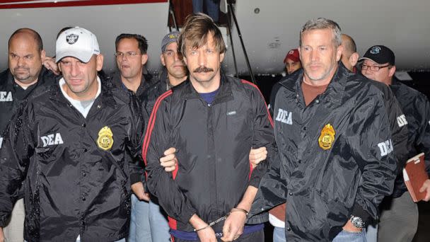 PHOTO: Former Soviet military officer and arms trafficking suspect Viktor Bout deplanes after arriving at Westchester County Airport, Nov. 16, 2010, in White Plains, New York.  (U.S. Department of Justice via Getty Images)