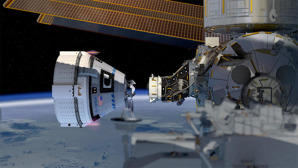 Artist's impression of Boeing's Starliner on final approach to the International Space Station.  The first pilot flight of Starliner is planned for early May.  / Credit: NASA