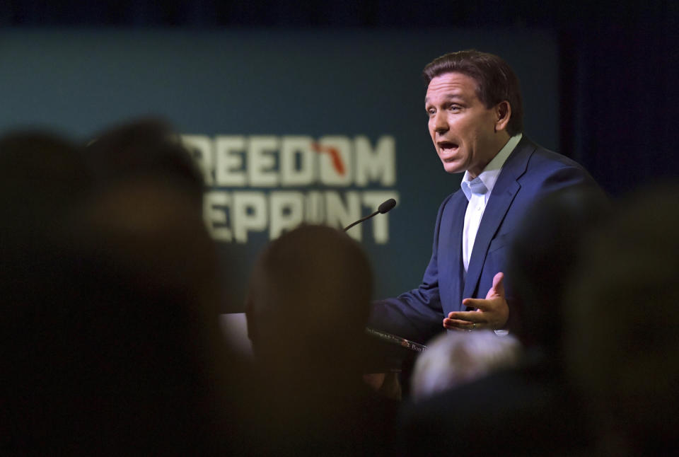 Florida Gov. Ron DeSantis speaks at an event in Davenport, Iowa.