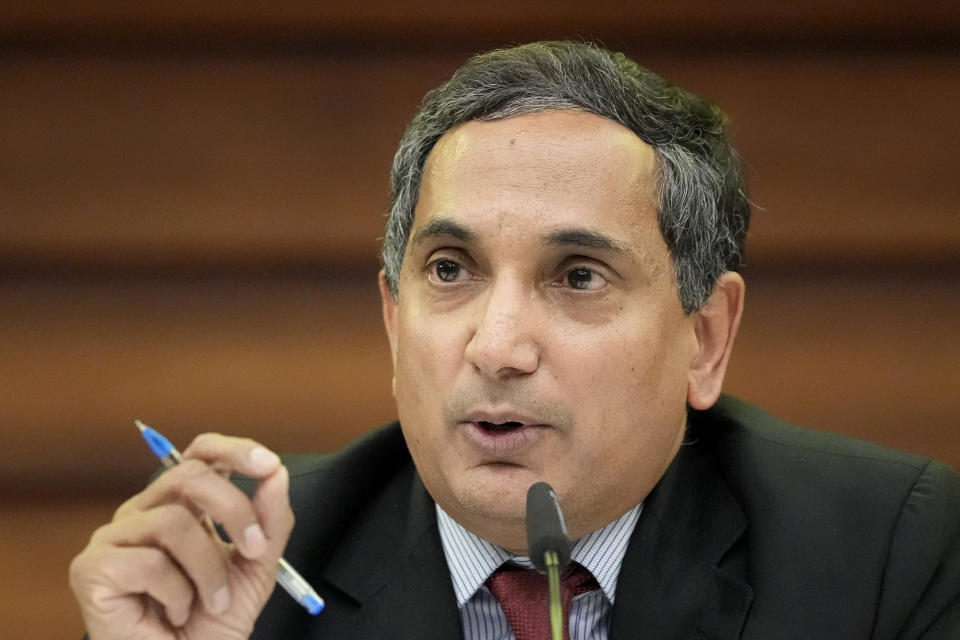 International Monetary Fund director for Asia and Pacific Krishna Srinivasan speaks to journalists in Colombo, Sri Lanka, Monday, May 15, 2023. The International Monetary Fund says Sri Lanka’s crisis-hit economy is expected to resume growing in 2024 after contracting 3% this year. (AP Photo/Eranga Jayawardena)