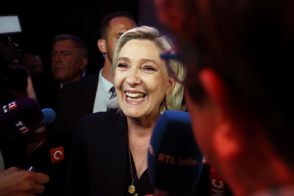 Marine Le Pen, leader of the French far-right National Rally, speaks to journalists after partial results in the first round of the early French parliamentary elections in Henin-Beaumont, France, June 30, 2024. REUTERS/Yves Herman,

Yves Herman, REUTERS