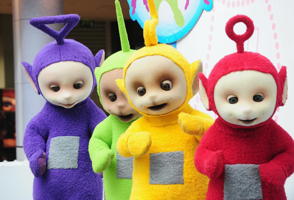 LONDON, ENGLAND - SEPTEMBER 10:  The Teletubbies, (L-R) Tinky Winky, Dipsy, Laa-Laa and Po attend photocall to promote new tour at Westfield on September 10, 2009 in London, England.  (Photo by Ian Gavan/Getty Images)