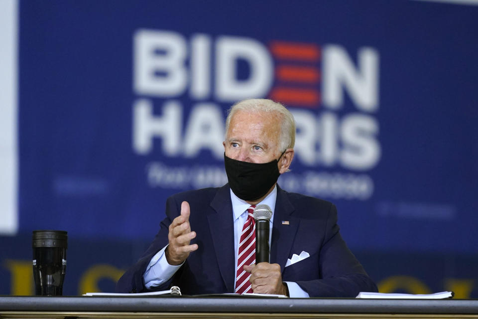 Democratic presidential candidate former Vice President Joe Biden speaks during a roundtable discussion with veterans, Tuesday, Sept. 15, 2020, at Hillsborough Community College in Tampa, Fla. (AP Photo/Patrick Semansky)