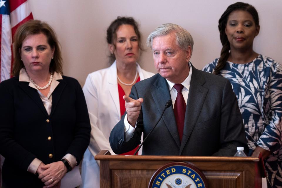 WASHINGTON, DC - SEPTEMBER 13: Sen. Lindsey Graham (R-SC) speaks during news conference to announce a new bill on abortion restrictions, on Capitol Hill September 13, 2022 in Washington, DC. Grahams proposal would enact a national ban on abortions after the 15 week mark. Also pictured, at left, President of Susan B. Anthony Pro-Life America Marjorie Dannenfelser. (Photo by Drew Angerer/Getty Images) ORG XMIT: 775869983 ORIG FILE ID: 1243200568