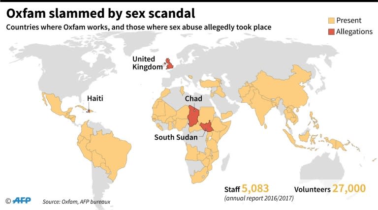 Map locating countries where the British charity Oxfam works, and four where Oxfam staff have been accused of sexual abuse