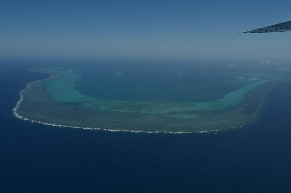 This photo taken on February 15, 2024, shows an aerial view of Scarborough Shoal in the disputed South China Sea.