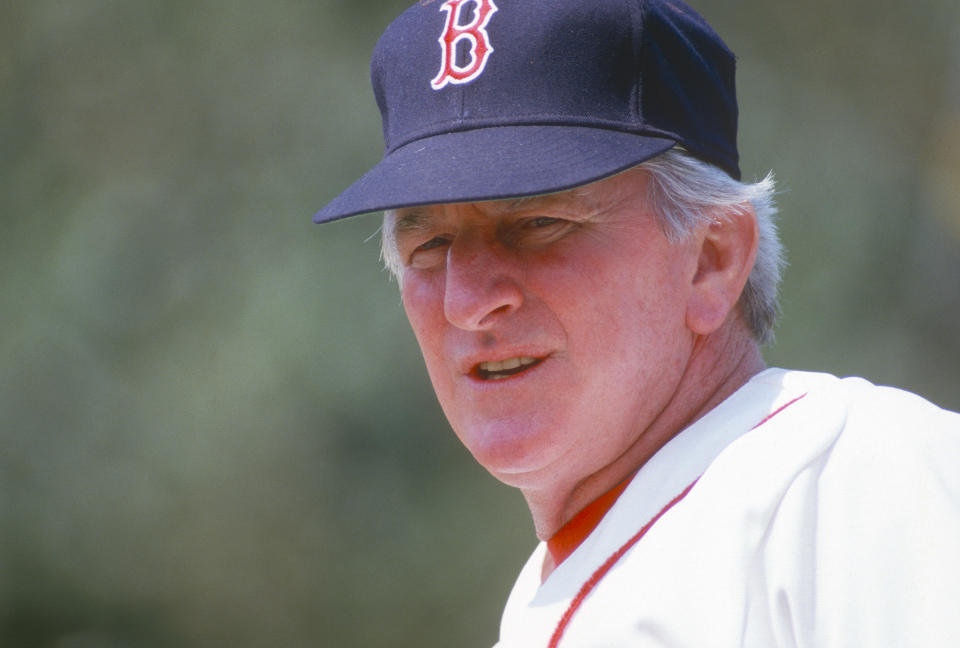 BOSTON, MA - CIRCA 1986: Manager John McNamara #1 of the Boston Red Sox looks on during an Major League Baseball game circa 1986 at Fenway Park in Boston, Massachusetts.   McNamara managed for the Red Sox from 1985-88. (Photo by Focus on Sport/Getty Images)