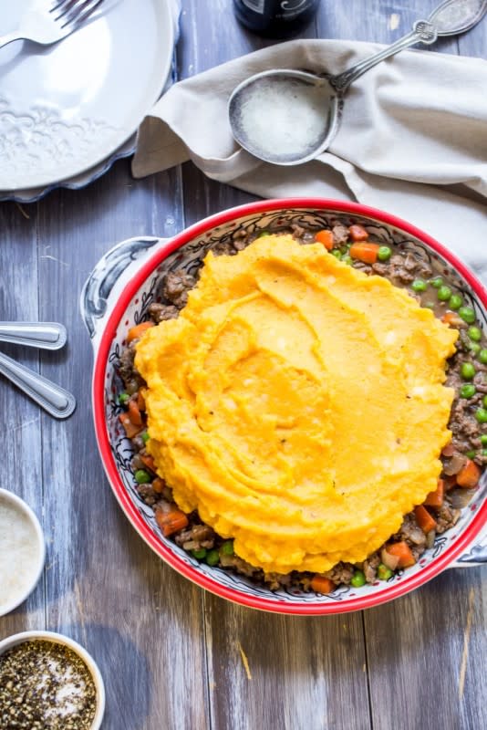 <p>The Girl in the Little Red Kitchen</p><p>Add a little sweetness, color and veggie power to that fluffy potato topping. <a href="http://girlinthelittleredkitchen.com/2016/03/butternut-squash-shepherds-pie/" rel="nofollow noopener" target="_blank" data-ylk="slk:Get the recipe HERE;elm:context_link;itc:0;sec:content-canvas" class="link ">Get the recipe HERE</a></p>