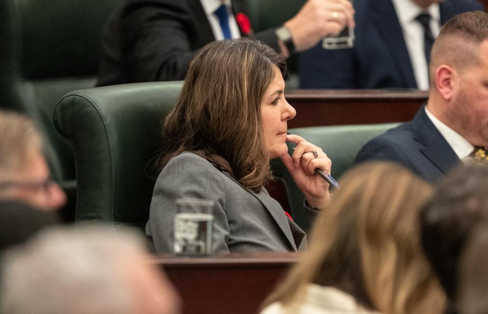 Alberta Premier Danielle Smith listens to the throne speech delivered by Lt.-Gov Salma Lakhani in Edmonton on Monday October 30, 2023. THE CANADIAN PRESS/Jason Franson