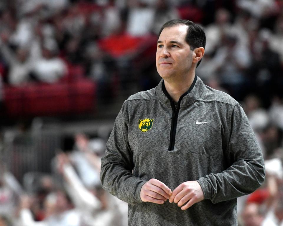 Baylor coach Scott Drew stands on the sidelines during a Jan. 17 game against Texas Tech at United Supermarkets Arena in Lubbock, Texas. On Saturday, the Bears will face the Kansas Jayhawks.