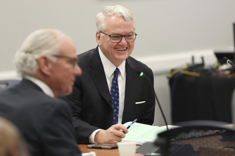 South Carolina Treasurer Curtis Loftis smiles during a meeting of the State Fiscal Accountability Authority on Tuesday, March 26, 2024, in Columbia, S.C. (AP Photo/Jeffrey Collins)