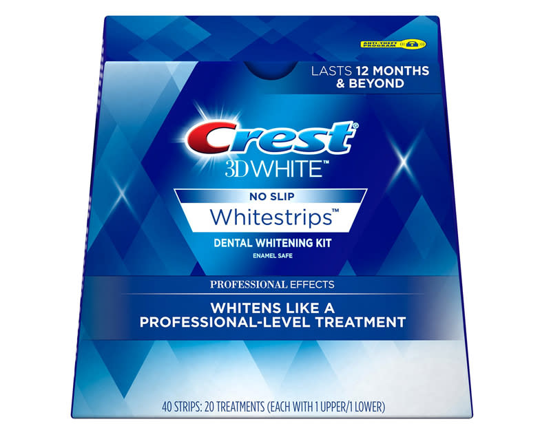 <p>Whiter teeth without the giant dentist bill? Maybe that's why Crest's white strips topped Amazon's list of best-selling beauty products. </p> <p>$45 | <a rel="nofollow noopener" href="https://www.amazon.com/Crest-Professional-Whitestrips-Whitening-Treatments/dp/B00336EUTK/ref=sr_1_1_a_it?ie=UTF8&qid=1482258040&sr=8-1&keywords=crest%2B3D%2BWhite%2BProfessional%2BEffects%2BWhitestrips%2BDental%2BWhitening%2BKit%2C%2B20%2BTreatments%2B-%2BPackaging%2BMay%2BVary&th=1" target="_blank" data-ylk="slk:SHOP IT;elm:context_link;itc:0;sec:content-canvas" class="link ">SHOP IT</a></p>