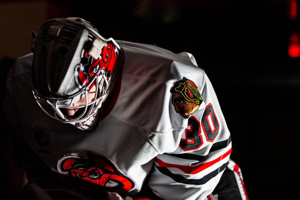 Goalie Jaxson Stauber, shown preparing for a game in Rockford on Jan. 3, 2023, was 6-4-0 headed into this week for the IceHogs. Stauber was called up to the Chicago Blackhawks twice in the past week.