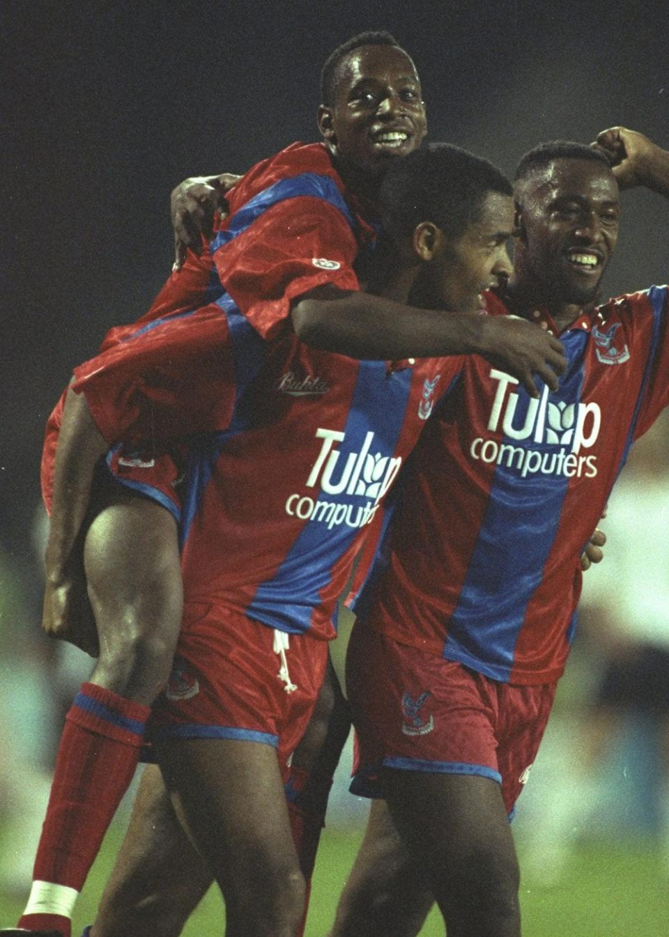 (Getty Images) Ian Wright on the shoulders of Mark Bright during their Crystal Palace days