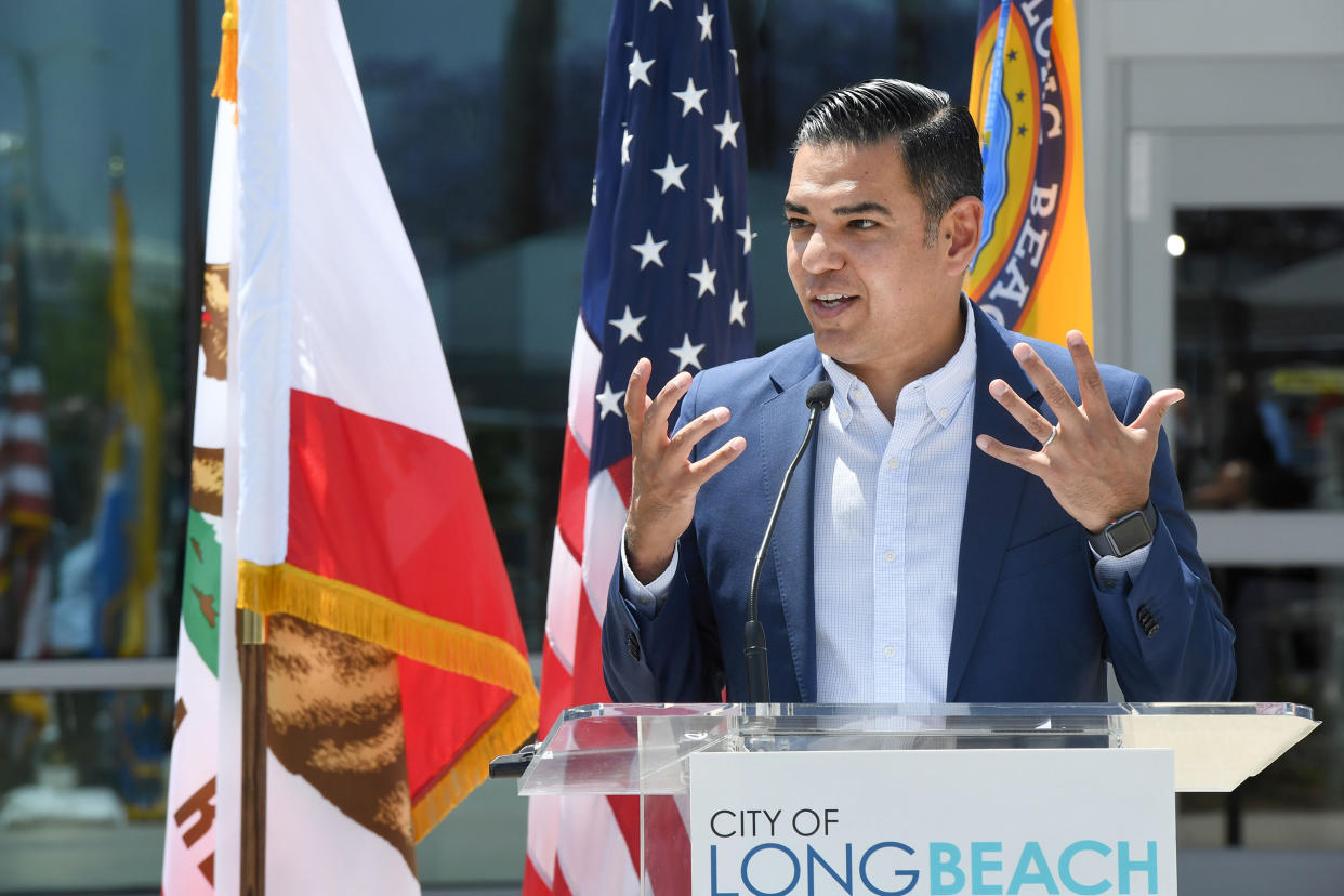 Image: Mayor Robert Garcia speaks during the ribbon cutting ceremony to open the new Long Beach Airport Ticketing Lobby was held in Long Beach on April 27, 2022. (Brittany Murray / MediaNews Group via Getty Images)