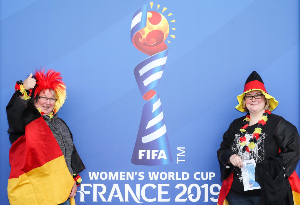 Fans of Germany cheer before the 2019 FIFA Women's World Cup France group B match between Germany and China PR at Roazhon Park on June 08, 2019 in Rennes, France. (Photo by Zhizhao Wu/Getty Images)