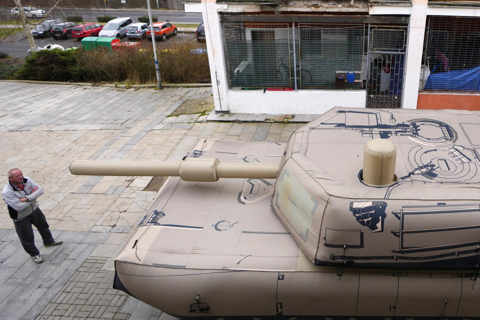 An inflatable decoy of an Abrams tank is presented to media in Decin, Czech Republic, Monday, March 6, 2023. Czech company, Inflatech, has made a wide range of replicas of heavy arms, be it tanks, armoured vehicles, aircraft or artillery, including U.S.-made HIMARS rocket system, the weapons that were among the billions of dollars in Western military aid that has helped Ukraine fight off the Russians since the Feb. 24 invasion. (AP Photo/Petr David Josek)