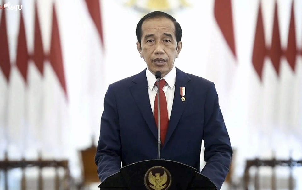 In this photo taken from video and shown at United Nations headquarters, Indonesia's President Joko Widodo remotely addresses the 76th session of the U.N. General Assembly in a pre-recorded message, Wednesday, Sept. 22, 2021. (UN Web TV via AP)