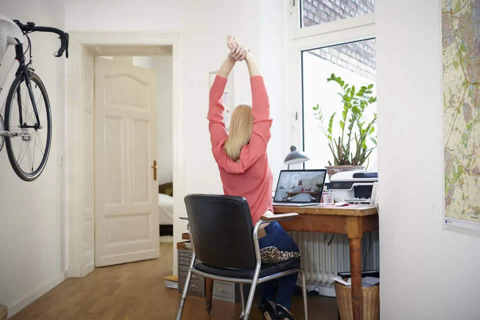 Frau, Sitzen, Strecken, Home Office