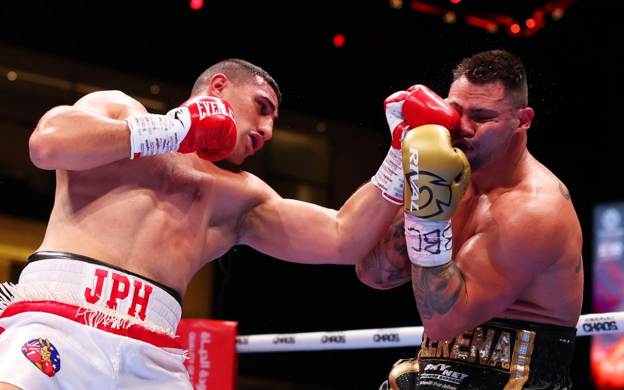 Justis Huni punches Kevin Lerena during the WBO Global Heavyweight Title fight between Justis Huni and Kevin Lerena on the Knockout Chaos boxing card at the Kingdom Arena on March 08, 2024 in Riyadh, Saudi Arabia.