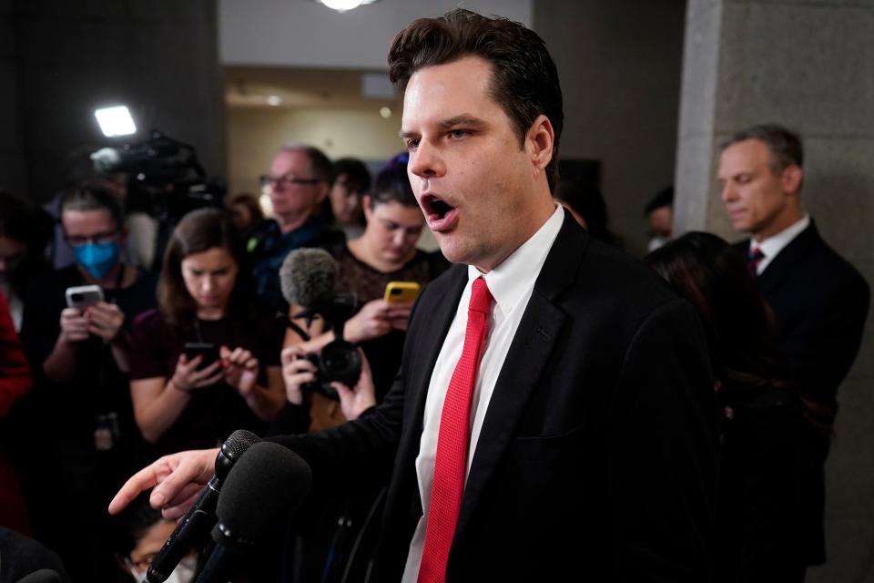 Rep. Matt Gaetz, R-Fla., speaks as he arrives for a closed-door meeting with the GOP Conference at the Capitol in Washington, Tuesday, Jan. 3, 2023.