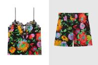 El diseñador Ken Scott está detrás del alegre estampado floral que Gucci ha elegido para este conjunto de seda. El toque atrevido lo ponen los detalles de encaje negro en la parte de arriba, que cuesta 790 euros, mientras que 690 euros es el precio de los shorts. Así que para conseguir el pijama completo hay que desembolsar 1.480 euros. (Foto: <a href="https://www.gucci.com/es/es/pr/women/ready-to-wear-for-women/lingerie/ken-scott-print-silk-top-p-650427XUACI1024" rel="nofollow noopener" target="_blank" data-ylk="slk:Gucci" class="link ">Gucci</a>)