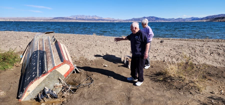 Steve Buckalew, of Lake Havasu City, Ariz, saw the speedboat he crashed at Lake Mead for the first time in 46 years. (Photo: Duncan Phenix – KLAS)