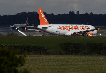 An EasyJet passenger aircraft prepares for take off from Gatwick Airport in southern England, Britain, October 9, 2016. REUTERS/Toby Melville