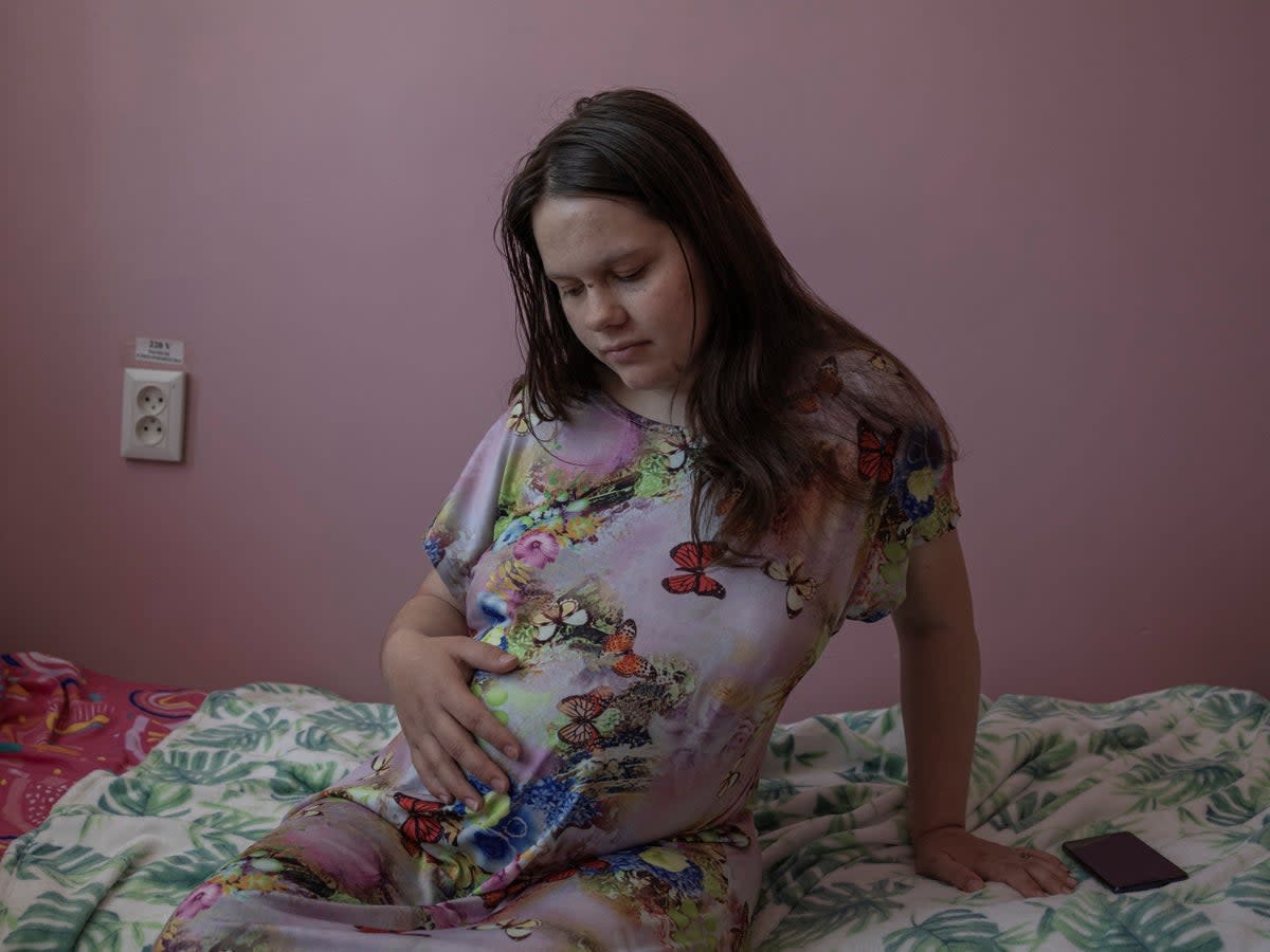 Pregnant Viktoriya Sokolovska sits inside Pokrovsk maternity hospital, Donetsk, eastern Ukraine (Reuters)