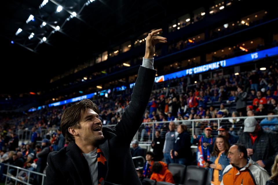 FC Cincinnati defender Nick Hagglund (4) waives to fans before heading onto the field for the sword ceremony in the first half of the MLS Eastern Conference Final match between FC Cincinnati and Columbus Crew at TQL Stadium in Cincinnati on Saturday, Dec. 2, 2023.