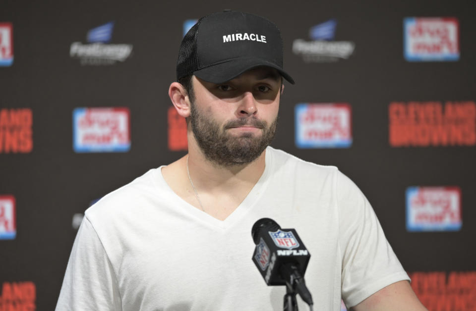 Cleveland Browns quarterback Baker Mayfield answers questions during a news conference after the Tennessee Titans defeated the Browns in an NFL football game, Sunday, Sept. 8, 2019, in Cleveland. (AP Photo/David Richard)