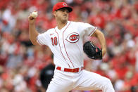 Cincinnati Reds' Tyler Mahle throws during the first inning of a baseball game against the Cleveland Guardians in Cincinnati, Tuesday, April 12, 2022. (AP Photo/Aaron Doster)