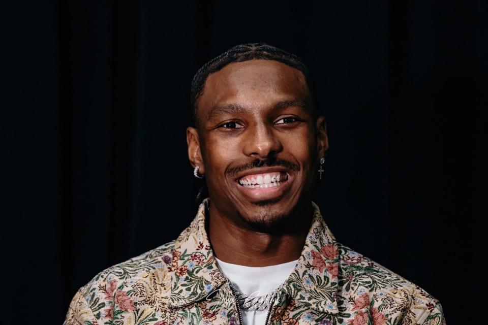 Mecole Hardiman Jr., a wide receiver for the Kansas City Chiefs, was at the Aetos Center for the Performing Arts.
