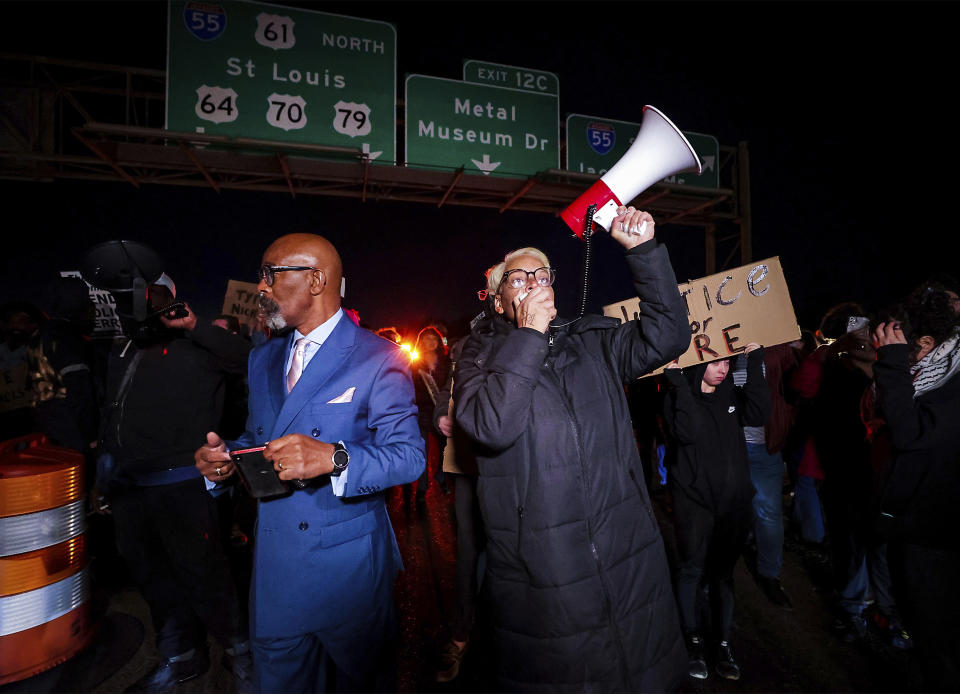 Protesters blockade the Interstate 55 bridge during a protest over the death of Tyre Nichols, in Memphis, Tenn., Friday, Jan. 27, 2023. Authorities released video footage Friday showing Nichols being beaten earlier this month by five Memphis police officers who held the Black motorist down and repeatedly struck him with their fists, boots and batons as he screamed for his mother. (Patrick Lantrip/Daily Memphian via AP)