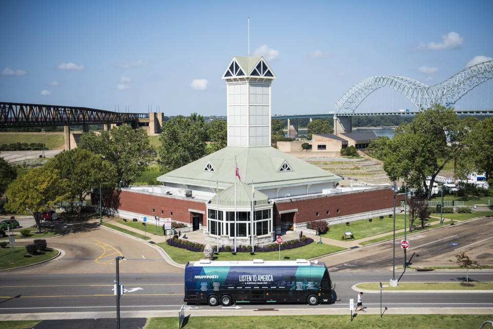 The HuffPost tour bus sits in front of the Tennessee Welcome Center.