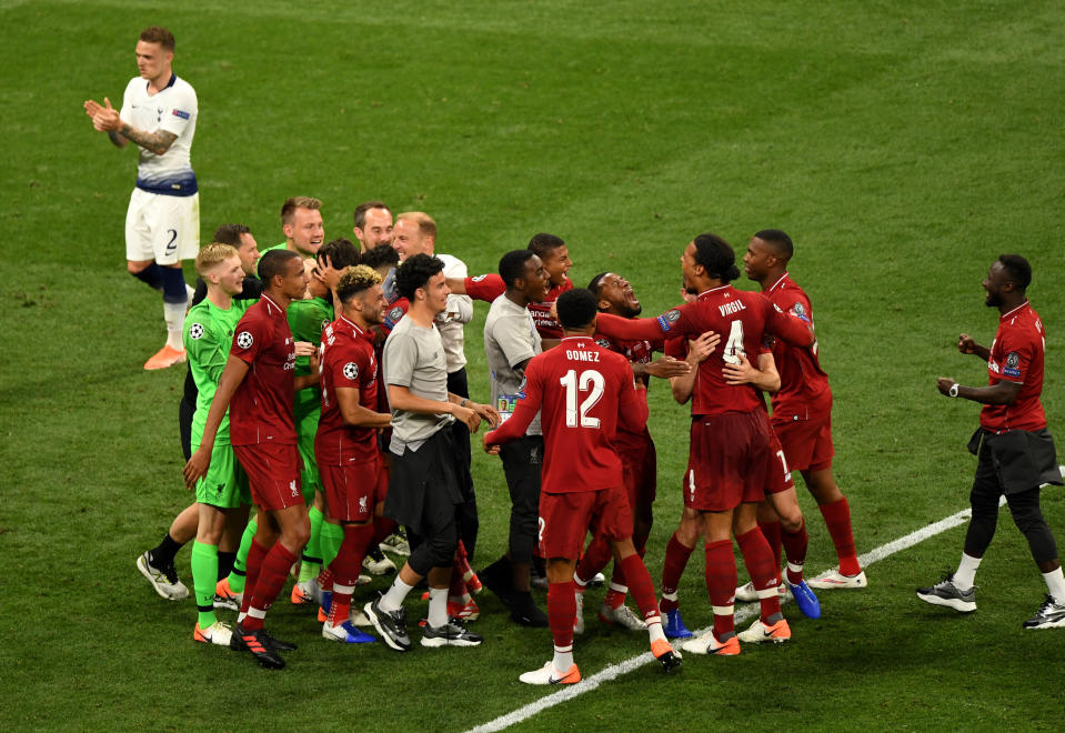 Liverpool players celebrates victory after winning the UEFA Champions League Final at the Wanda Metropolitano, Madrid.