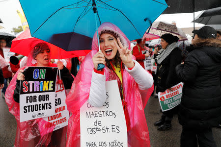 Los Angels public school teachers continue to deal with the rainy weather as their strike enters its third day in Gardena, California, U.S., January 16, 2019. REUTERS/Mike Blake