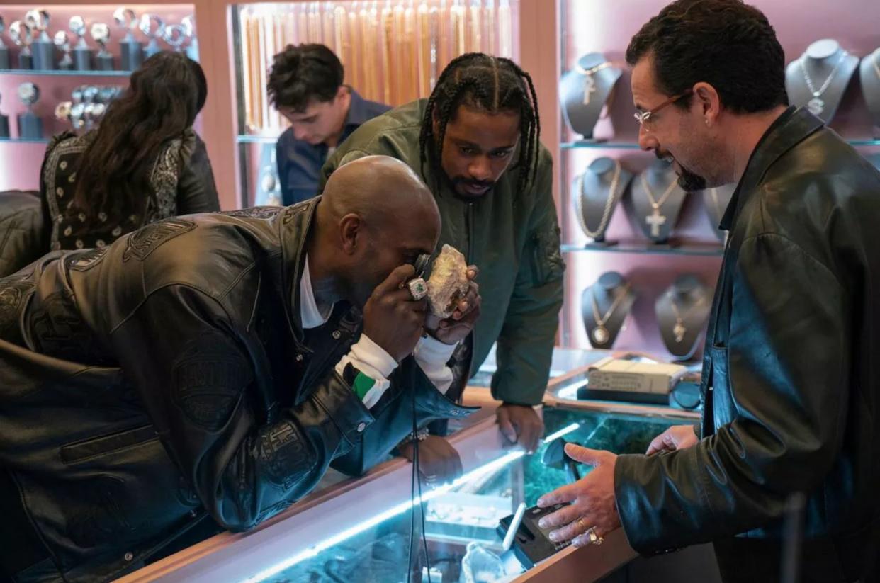 Kevin Garnett, Lakeith Stanfield and Adam Sandler in "Uncut Gems." (A24)