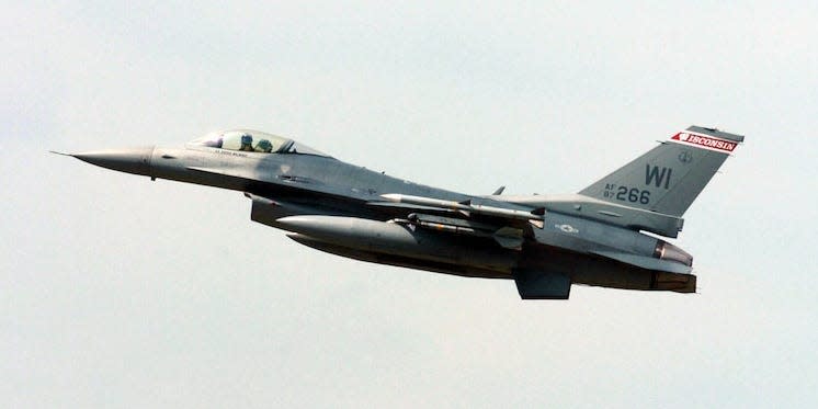A Wisconsin Air National Guard F-16 Fighting Falcon fighter aircraft