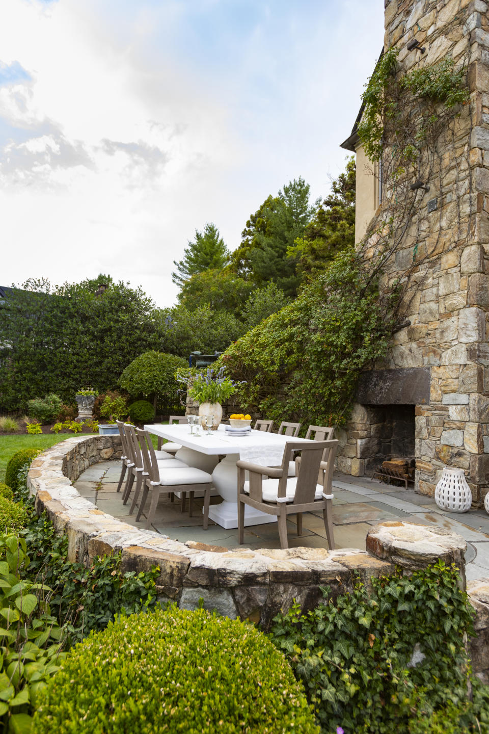 An outdoor wooden dining table