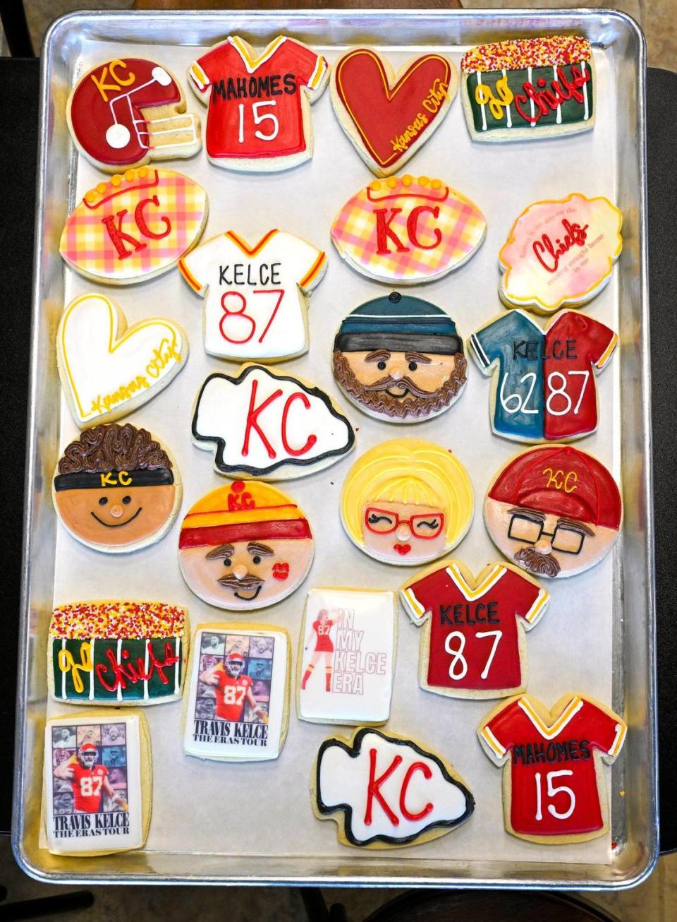 Kansas City Chiefs-themed cookies along with NFL players and brothers, Jason and Travis Kelce and Taylor Swift are part of the selection at Best Regards Bakery & Cafe in Overland Park. The bakery is creating the in-demand cookies ahead of The Super Bowl LVII rematch of the Chiefs and Eagles on Monday Night Football at Arrowhead.