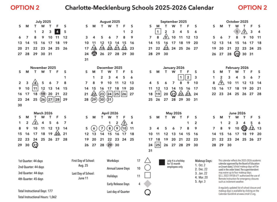 The second option for the 2025-26 calendar for Charlotte-Mecklenburg Schools.