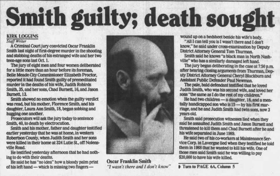 Oscar Franklin Smith is found guilty in the October 1, 1989 killings of his estranged wife and her two teen sons.