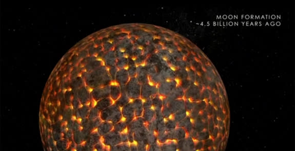 This illustration shows the still-molten moon just after its formation about 4.5 billion years ago.