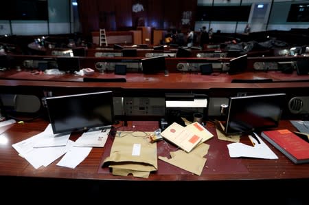 A view shows damages inside the Legislative Council building after protesters stormed it in Hong Kong