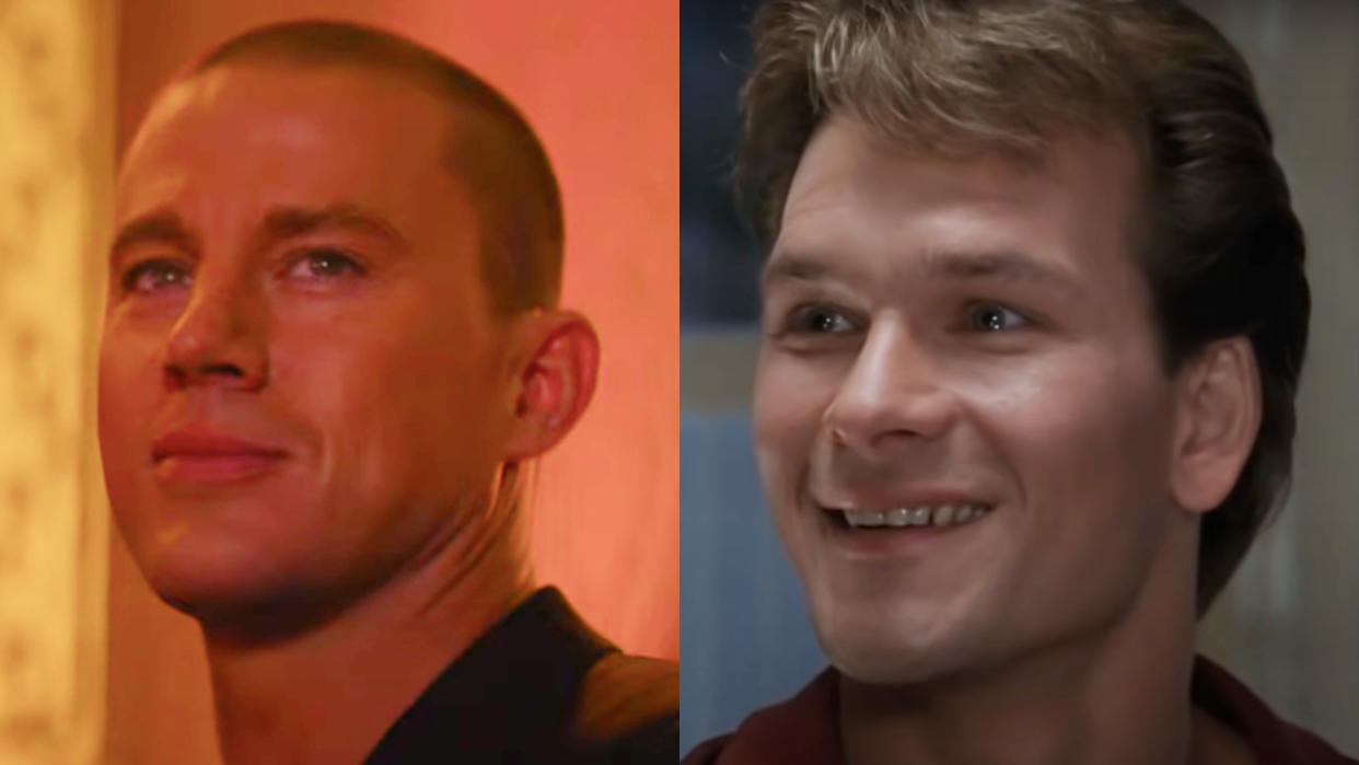  Channing Tatum smiles wistfully in Magic Mike's Last Dance and Patrick Swayze smiles tearfully in Ghost, pictured side-by-side 
