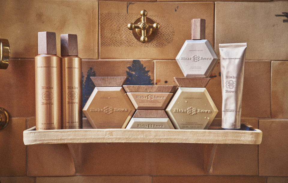 Blake Brown products on a shower shelf